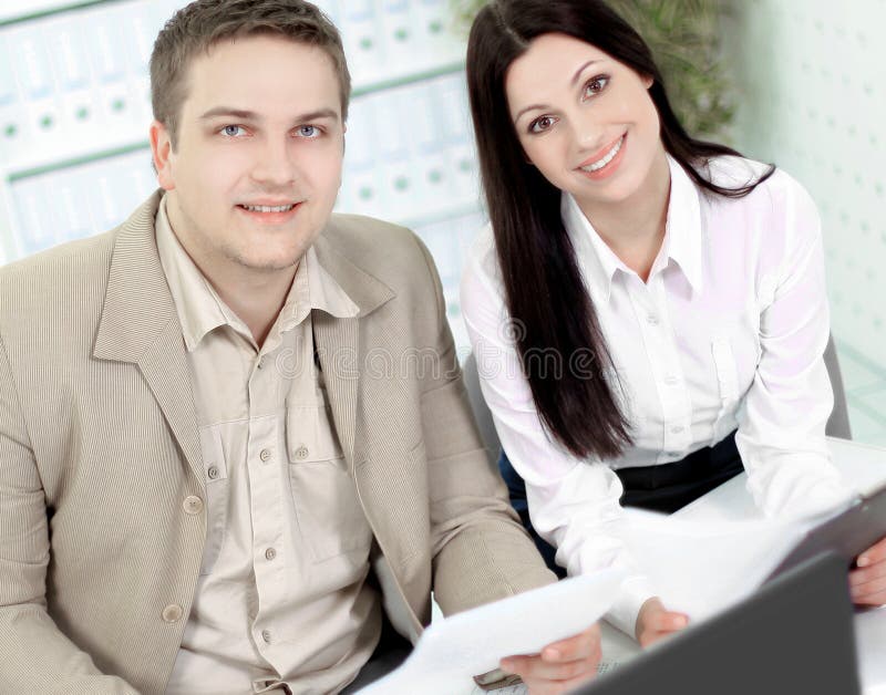 Two Employees On The Background Of A Modern Office Stock Image Image of confident