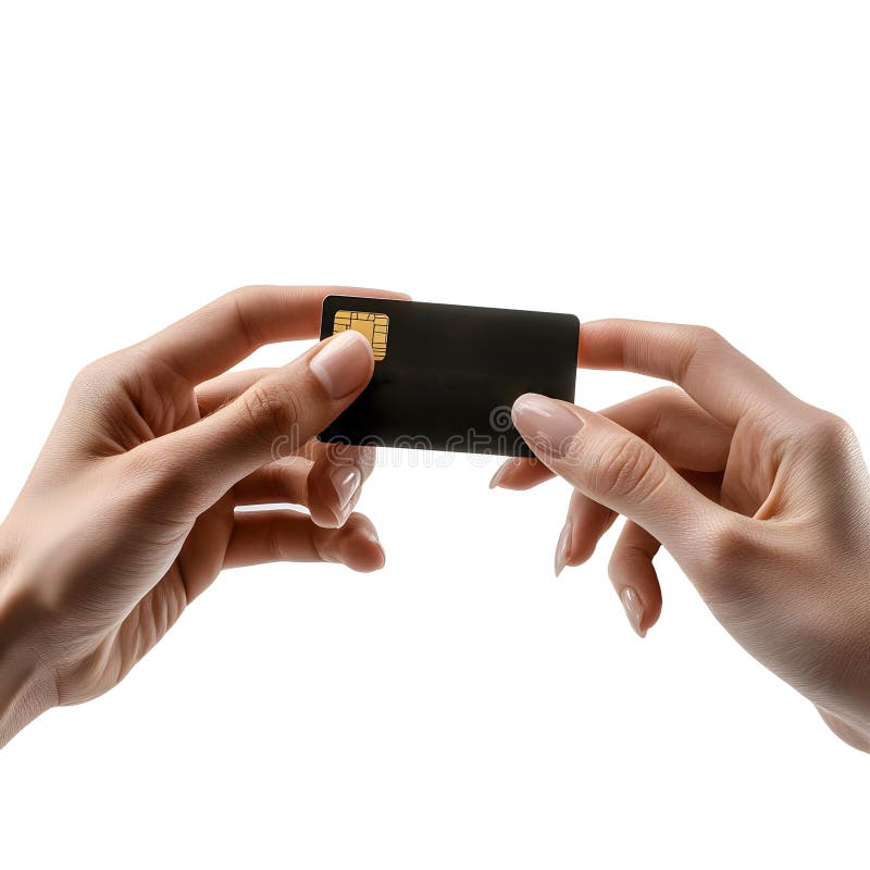 Close-up of two hands holding a credit card. Transparent background. Cutout royalty free illustration