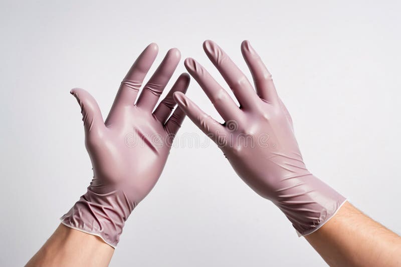 Close-up of two hands wearing pink latex gloves, isolated on a white background royalty free illustration