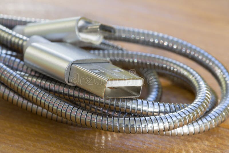 Closeup of a USB Cable with Type a and MicroUSB Type B Connectors on