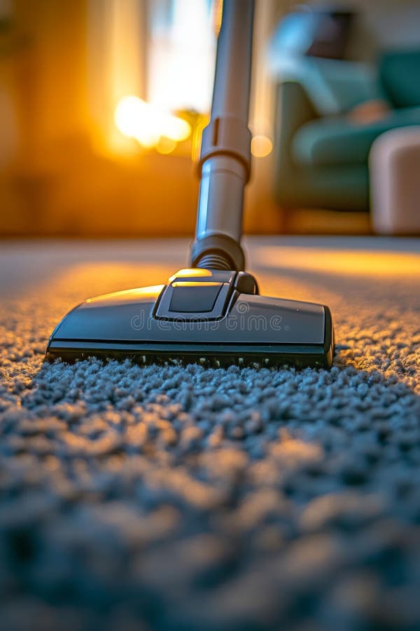 Close-Up Vacuum Cleaner Gliding, Refreshing a Cozy Carpet, Light Streams Through Evening Window vector illustration