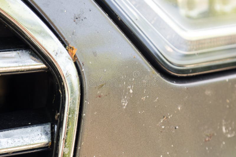 Close-up van auto voorbumper met vele gebroken insecten Hoge snelheidsaandrijving royalty-vrije stock afbeeldingen Close-up van auto voorbumper met vele gebroken insecten Hoge snelheidsaandrijving royalty-vrije stock afbeeldingen