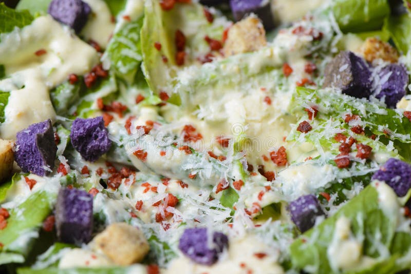 Close-up van verse gezonde caesar salade royalty-vrije stock afbeeldingen Close-up van verse gezonde caesar salade royalty-vrije stock afbeeldingen