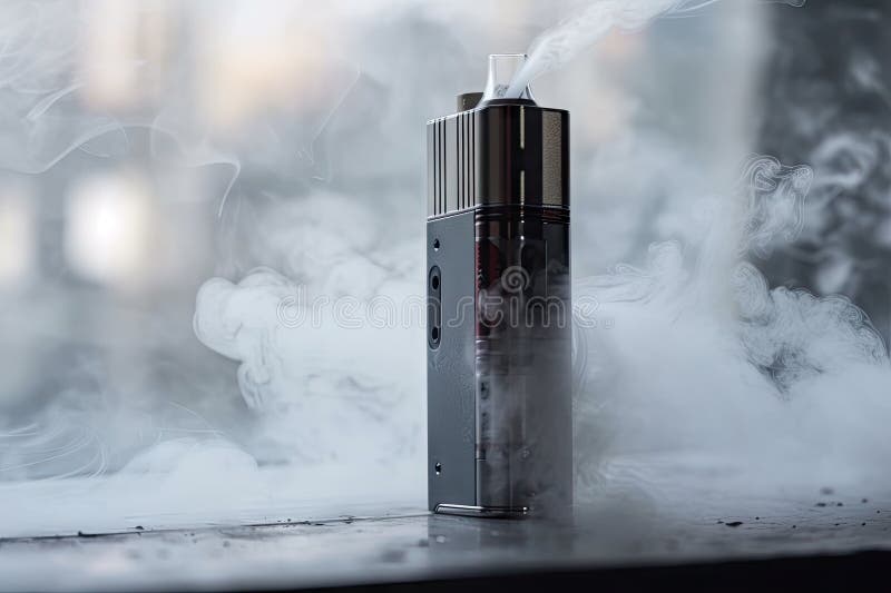 Close-up of vaping device, with smoke and mist visible stock illustration