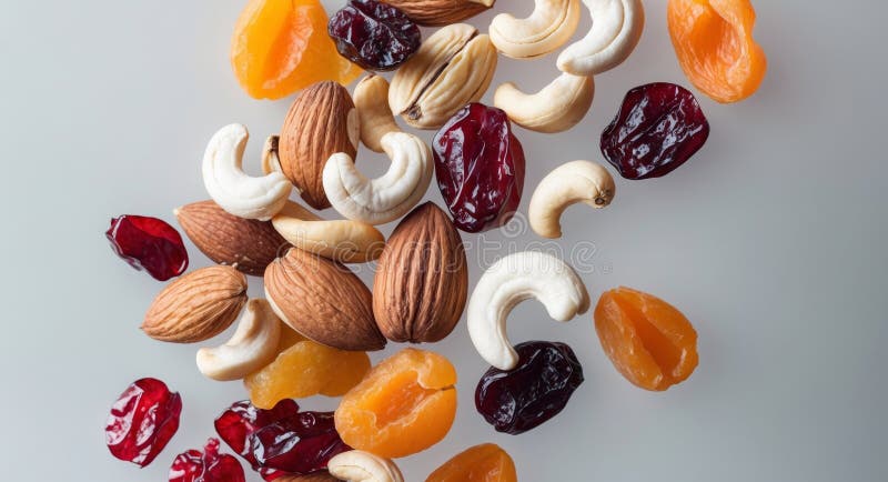 A close up of a variety of nuts and dried fruit royalty free stock images