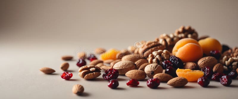 A close up of a variety of nuts and dried fruit stock photo
