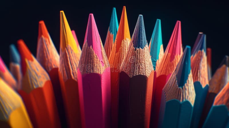 închiderea diferitelor creioane colorate cu vârfuri ascuțite stock photo