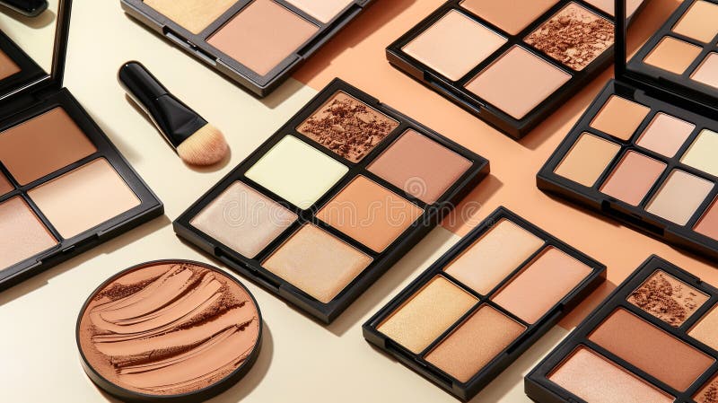 A close-up of various contouring and highlighting palettes arranged on a light background. Generative AI royalty free stock photos