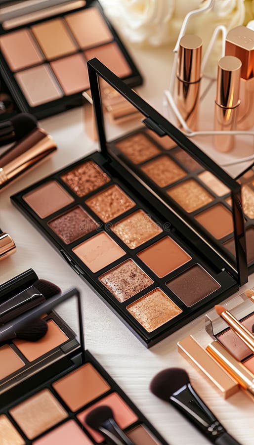 A close-up of various contouring palettes and highlighters organized on a light background. Generative AI stock photo