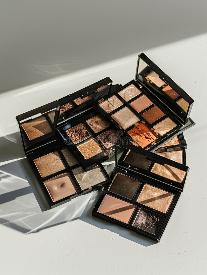 Close-up of various contouring palettes and highlighters, organized on a light background. Generative AI stock image