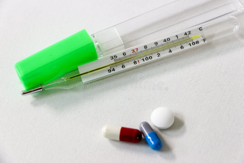 Closeup Various Pills And Thermometer Stock Image Image of drug, instrument 67485637