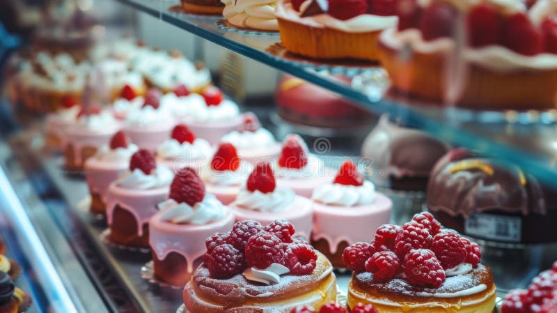 Delicious Raspberry Desserts in Bakery. Close-up of various raspberry desserts displayed in a bakery, looking fresh and tempting. AI generated