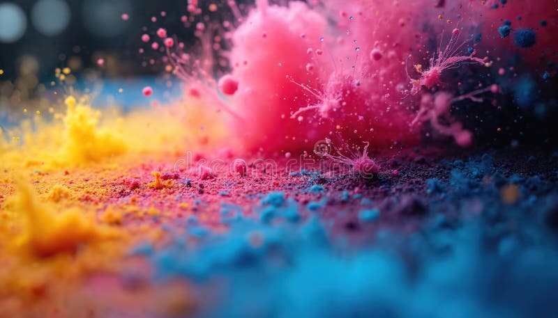 Close-up of vibrant colorful holi powder explosion with pink, yellow, blue hues. Dynamic motion of rainbow pigments scatter royalty free stock photography