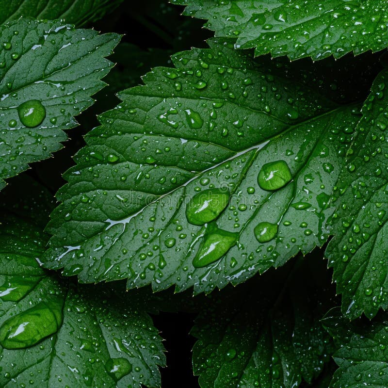 Close-up of vibrant green leaves covered in water droplets. vector illustration