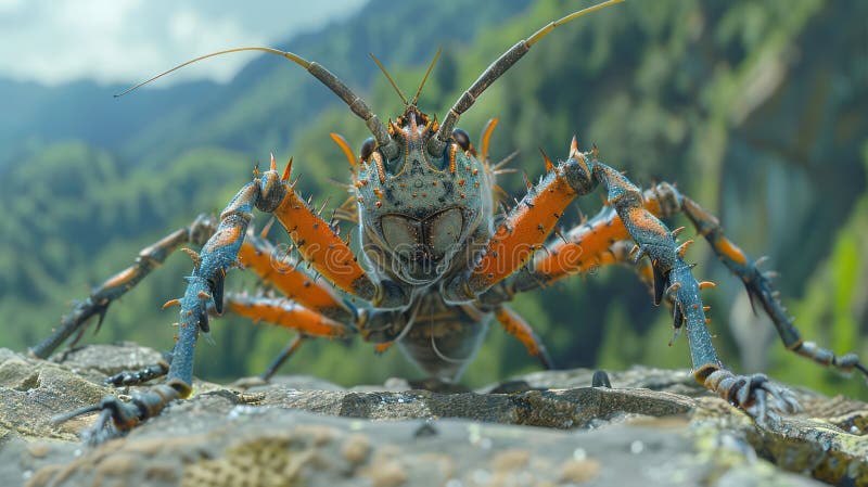 Close-up of a Spiny Stick Insect on a Rock, Tropical Forest Background royalty free illustration