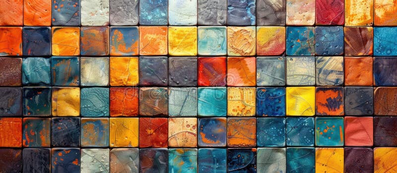 A close up of a vibrant mosaic of rectangles on a facade wall stock photos