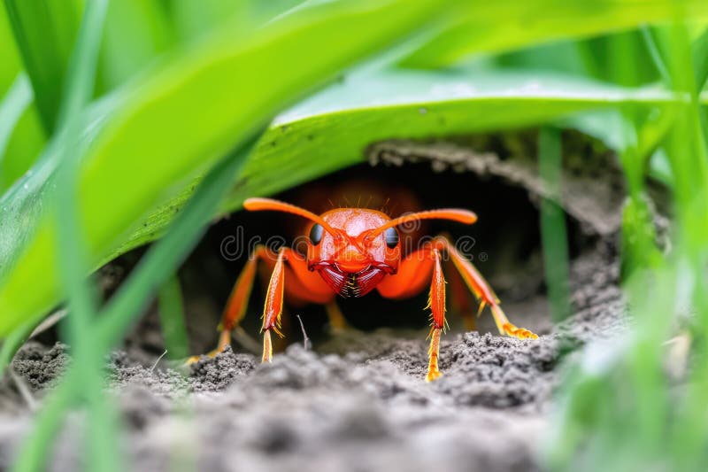 Close-up of vibrant red ant emerging from shelter in garden. Perspective ant stock images, royalty-free photos and pictures