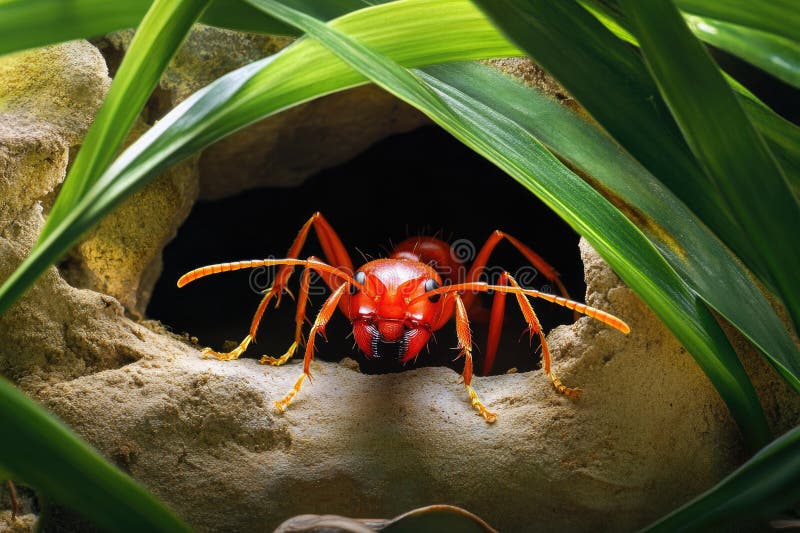 Close-up of vibrant red ant emerging from shelter in garden. Perspective ant stock images, royalty-free photos and pictures