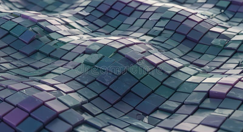 Abstract wavy surface of small squares. A close-up view of an abstract surface composed of numerous small, square tiles. The surface undulates in a wavy pattern, creating a textured and geometric design. The color palette consists of shades of blue and purple. AI-generated. Not based on real people or events.