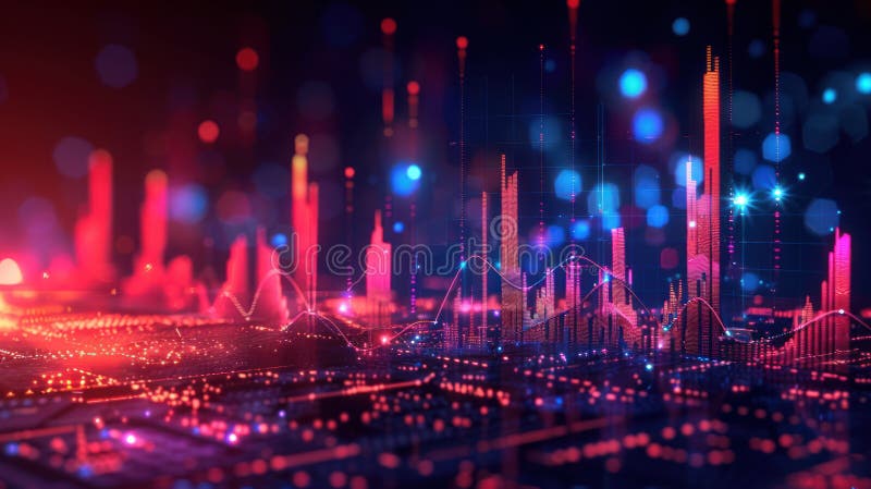 Close-up view of an advanced financial analysis interface with dynamic charts and fluctuating data points, showcasing market stock illustration