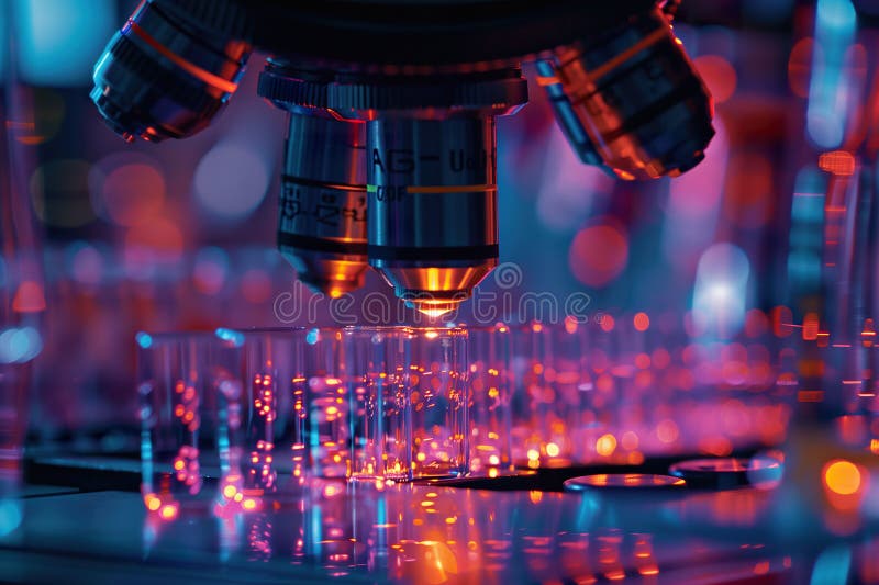 Microscope optics close-up in a high-tech lab. Generative AI stock illustration