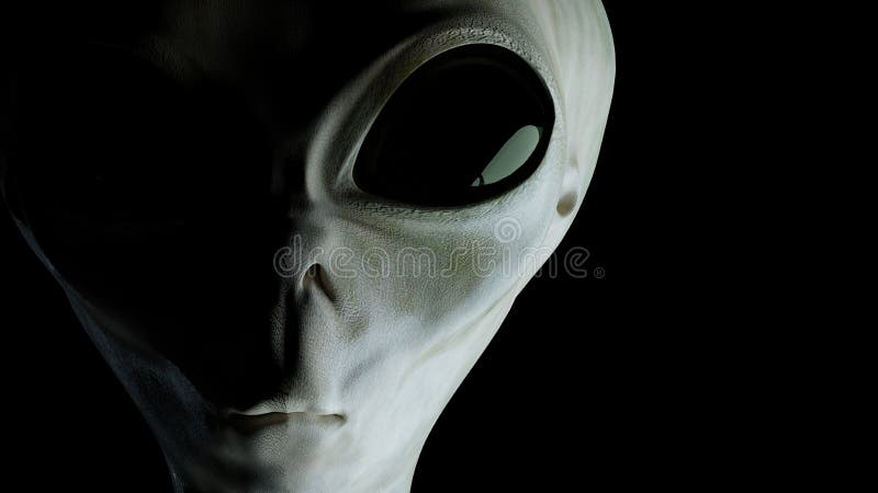 Close-up view on alien`s face. 3D rendered illustration. stock illustration