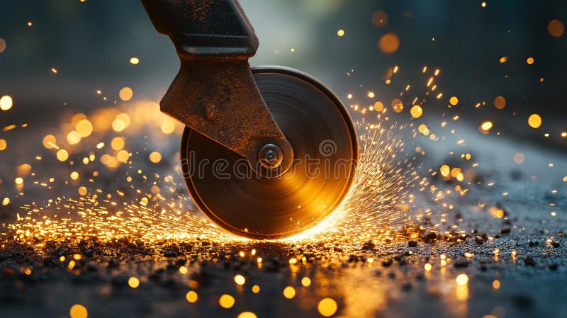 Close-up view of angle grinder blade in action producing sparks and grinding metal stock photos