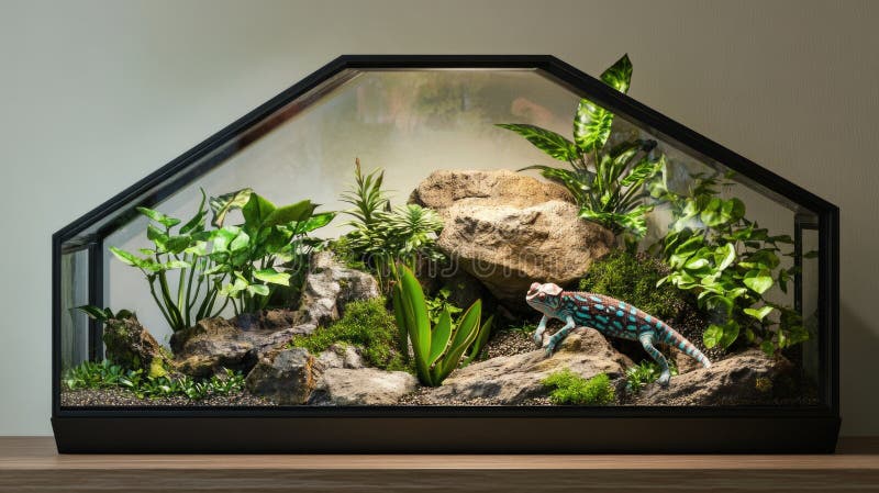 A close-up view of an aquatic terrarium featuring plants and rocks stock photos