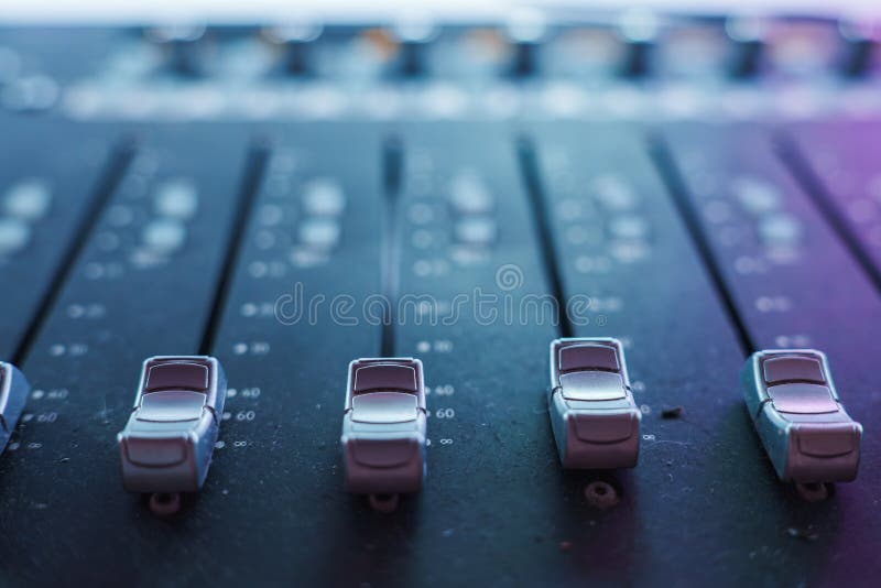 Close Up View of Audio Mixing Console with Faders in Studio stock photos