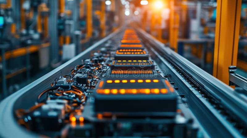 Automated Assembly Line with Illuminated Electronic Components stock illustration