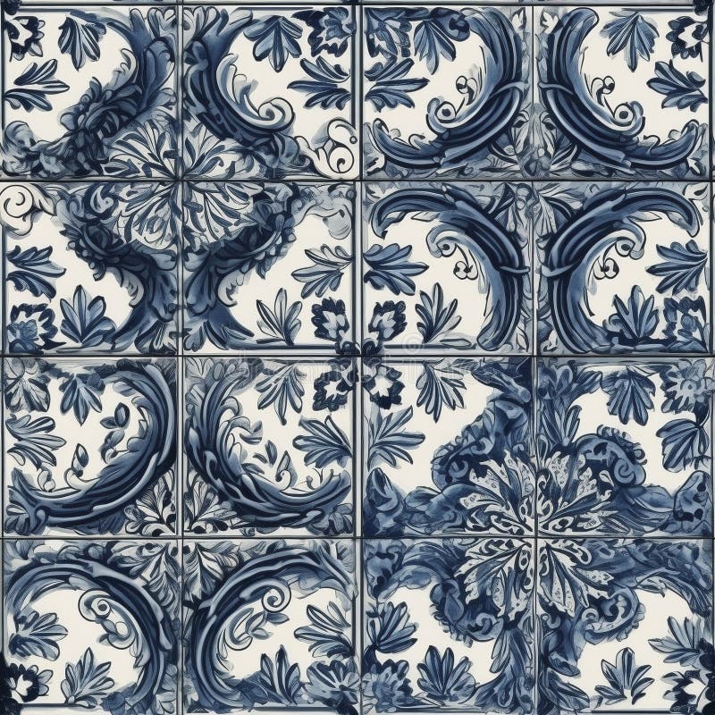 Azulejos pattern, created with generative AI. Close up view at Azulejos pattern, cretaed with generative AI