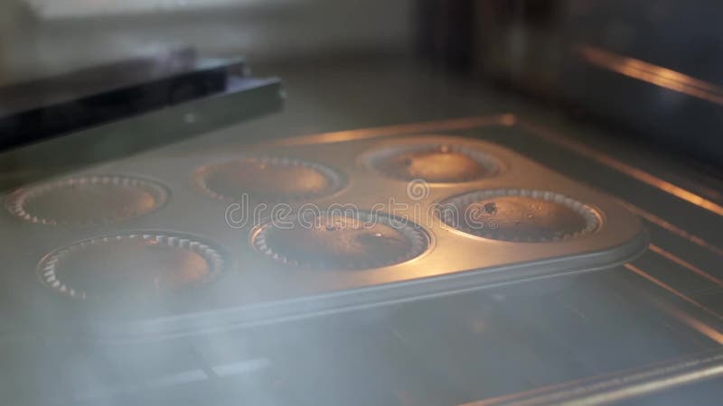 Close-up view of baking dish with chocolate cupcakes. Time lapse of growing of the dough, muffins in baking tray.