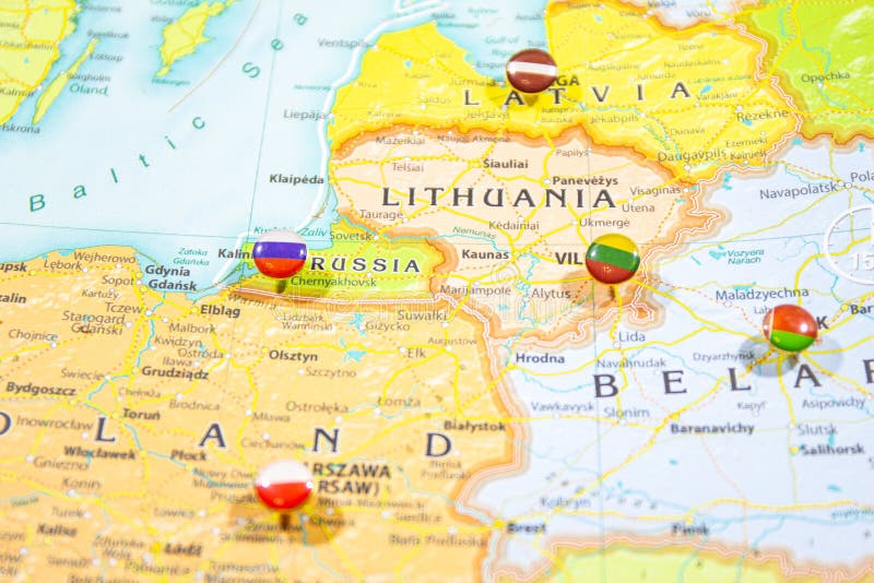 Close-up view of Baltic States on a geographical globe, Map shows capitals countries Latvia -Riga, Lithuania - Vilnus
