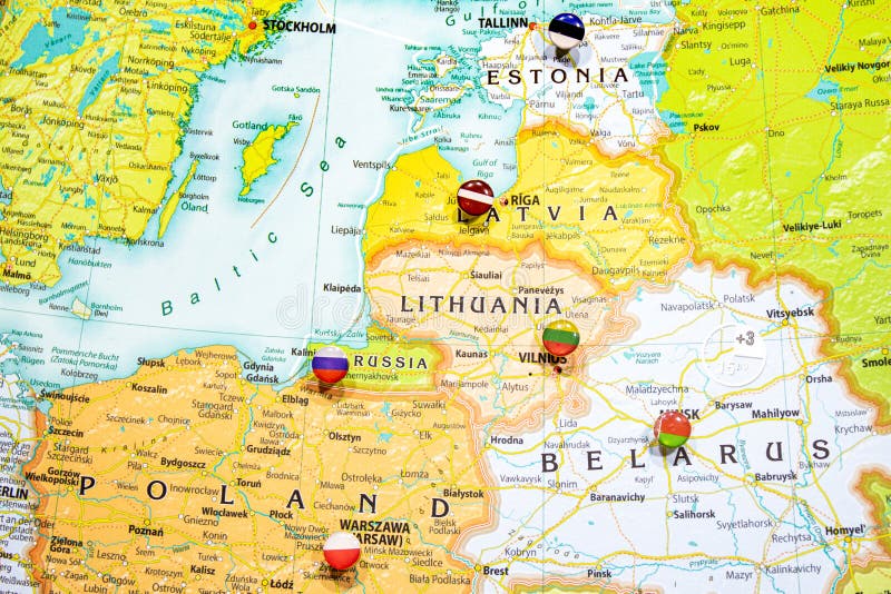 Close-up view of Baltic States on a geographical globe, Map shows capitals countries Latvia -Riga, Lithuania - Vilnus