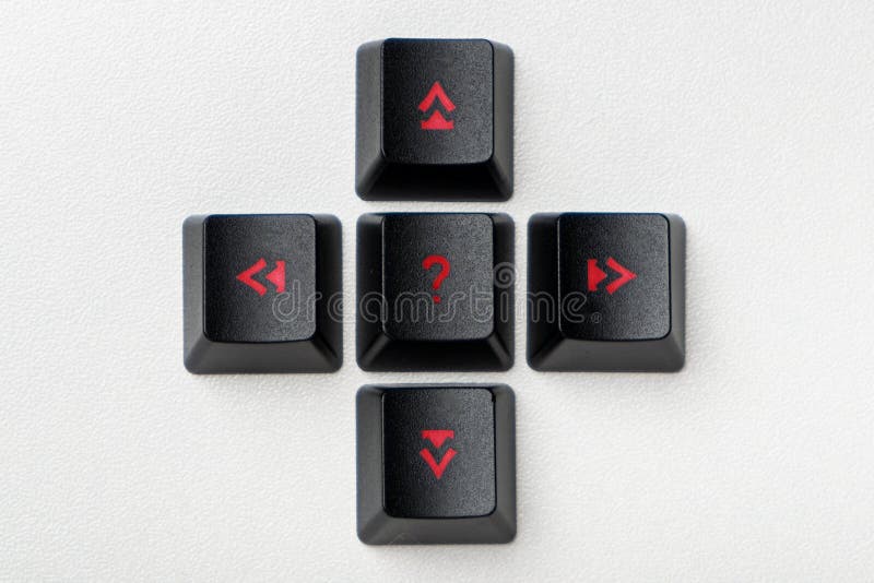 Close-up view of black computer arrow keys showing four opposite directions and a question mark on the center button stock photo