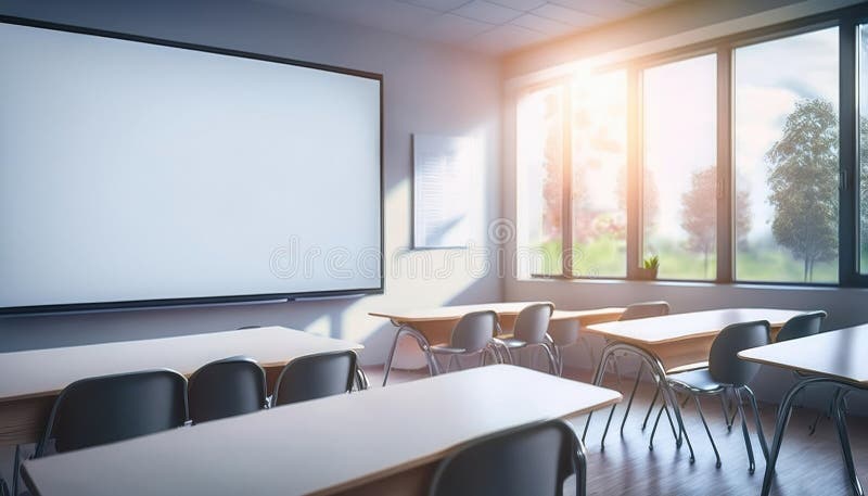 Mockup of an empty digital display screen in a bright classroom setting with natural light stock photography