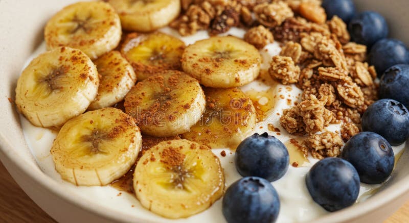 Close Up View a Bowl of Yogurt with Bananas Blueberries and Granola vektor abbildung