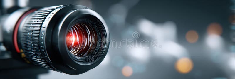 Close-up View of a Camera Lens With a Glowing Focus Light, Showcasing Detailed Craftsmanship and Technology stock image