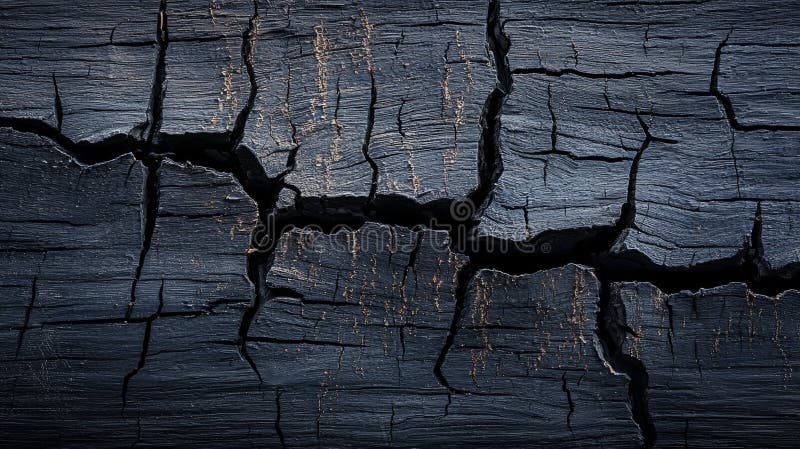 Close-up view of a charcoal texture revealing deep cracks and subtle wood grain, creating a dramatic and textured royalty free stock photography