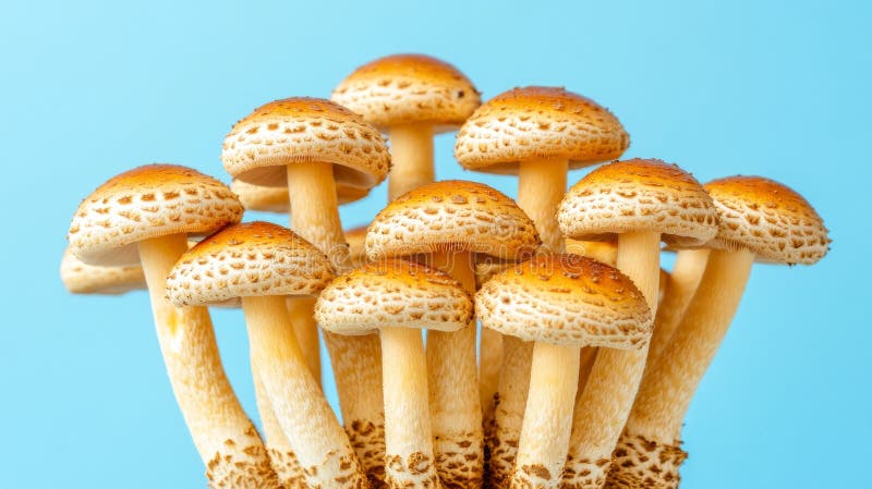 A close-up view of a cluster of mushrooms is set against a black background stock photography