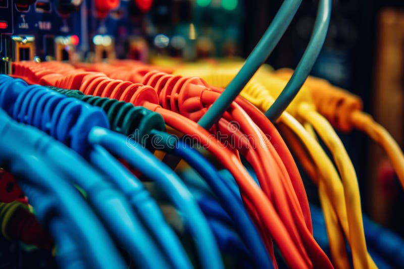 Colorful network cables close up connected to server equipment tech concept royalty free stock photo