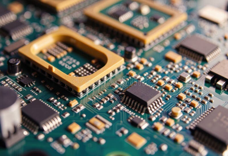 Close-up view of a complex circuit board with various electronic components stock illustration