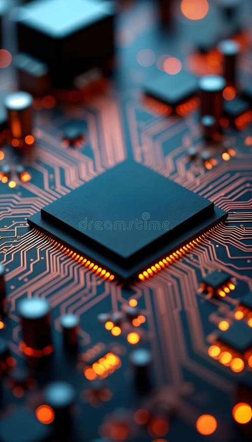 Close-up view of complex computer circuit board. Intricate copper traces, components highlighted. Central processor unit chip stock illustration
