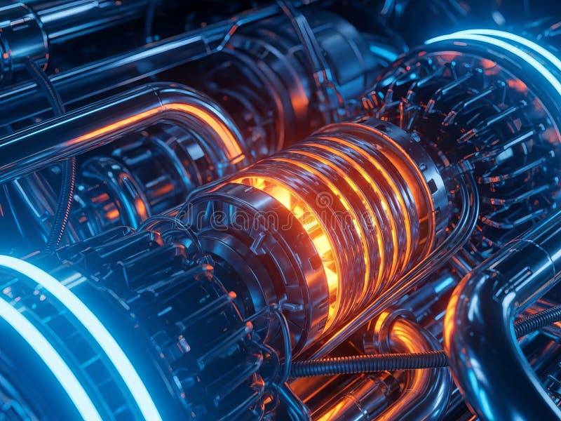 Intricate futuristic machine core with glowing orange and blue energy circuits vector illustration