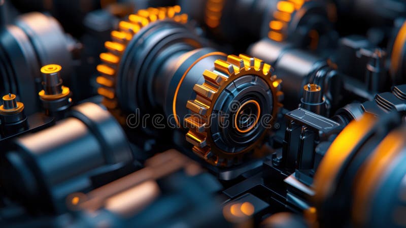 A close-up view of a complex mechanical system, featuring intricate gears and metallic components in shades of blue and gold. royalty free stock image