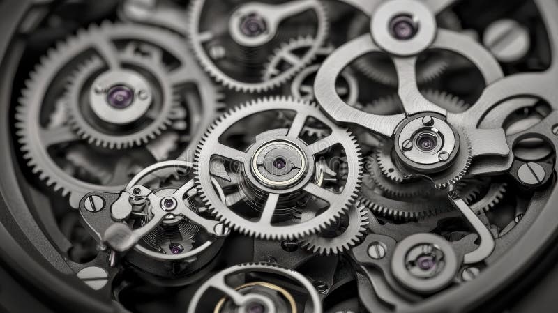 A close-up view of a complex mechanical system, showcasing intricate gears and components. The image presents a close-up view of a complex mechanical system, likely a watch or clock mechanism. The central focus is a large gear with a small, dark-colored center, surrounded by smaller gears of varying sizes. The gears are interconnected by metal components, creating a network of precision and intricacy. The image is captured in black and white, highlighting the details of the gears and their interconnections. The overall impression is one of meticulous craftsmanship and engineering. AI generated
