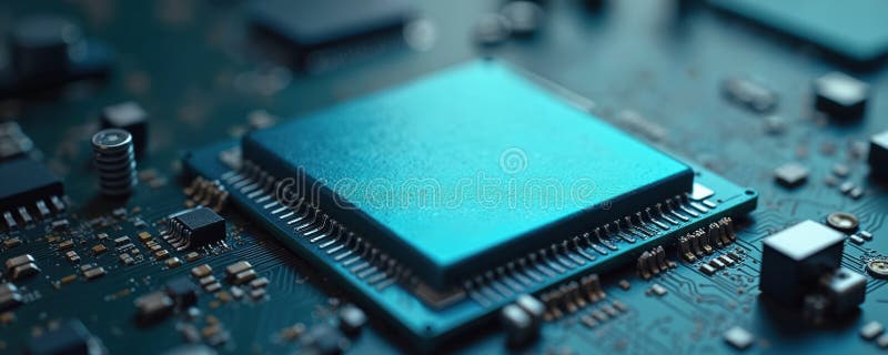 Close-up view of computer chip on circuit board. Electronic microchip, CPU, processor integrated circuit, data processing vector illustration
