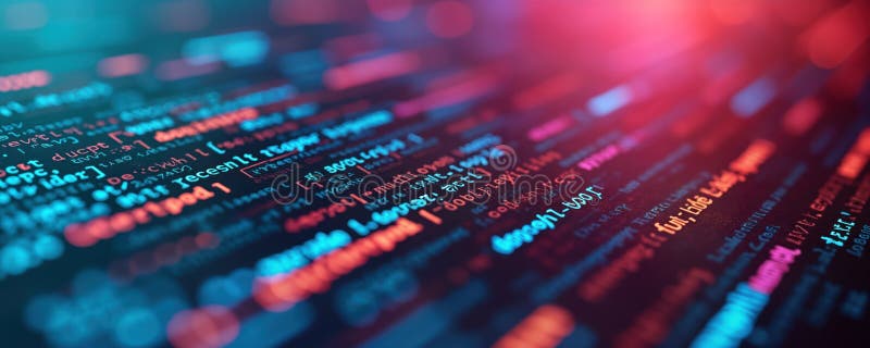Close-up view of computer code. Colorful neon typography lines of digital data. Abstract graphic design inspired by large vector illustration
