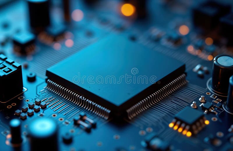 Close-up view of computer microchip. Tech components on system board highlighted. Complex circuits visible on motherboard. vector illustration