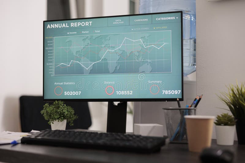 Close up view of computer screen with statistical software stock photos